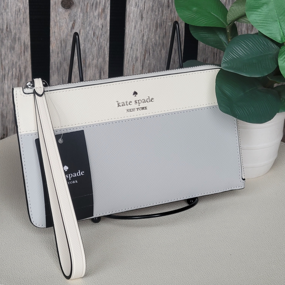 Kate Spade Lucy Platinum Gray & Cream  L-zip Wristlet - Picture 11 of 11
